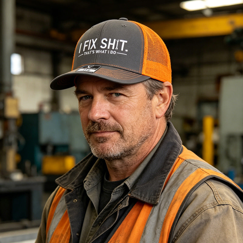 🧢 AKTION: 50% RABATT AUF ALLE CAPS! ✨ Trucker-Cap mit „I Fix Shit“-Stickerei – Atmungsaktives Mesh, Sonnenschutz & Verstellbar 🛠️