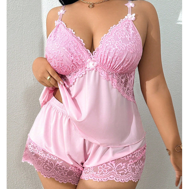 🥳HEISSER VERKAUF 2026🥳💞ÜBER 50.000 VERKAUFT!👗🌸 50 % RABATT! Pyjama-Set aus Top und Shorts mit Spitzenbesatz – Weicher, satinartiger Stoff, verstellbare Träger und V-Ausschnitt.