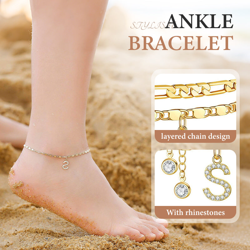 ✨ 50% OFF NOW! 💛 Layered Gold Ankle Bracelet for Women – Rhinestone, Adjustable & Perfect Beach Jewelry 🏖️
