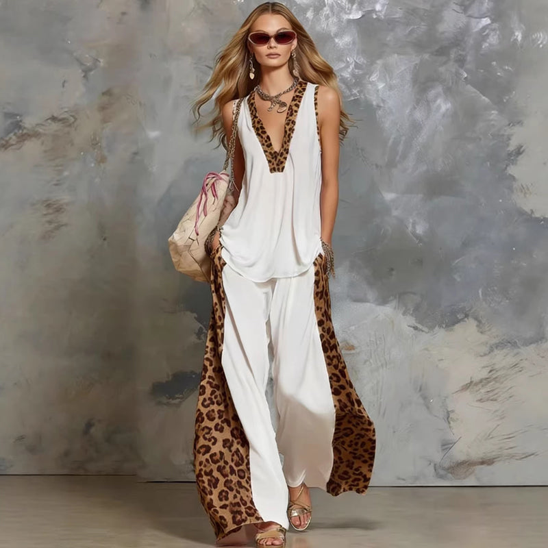 Damen-Casual-Leopard-Panel-Zweiteiler