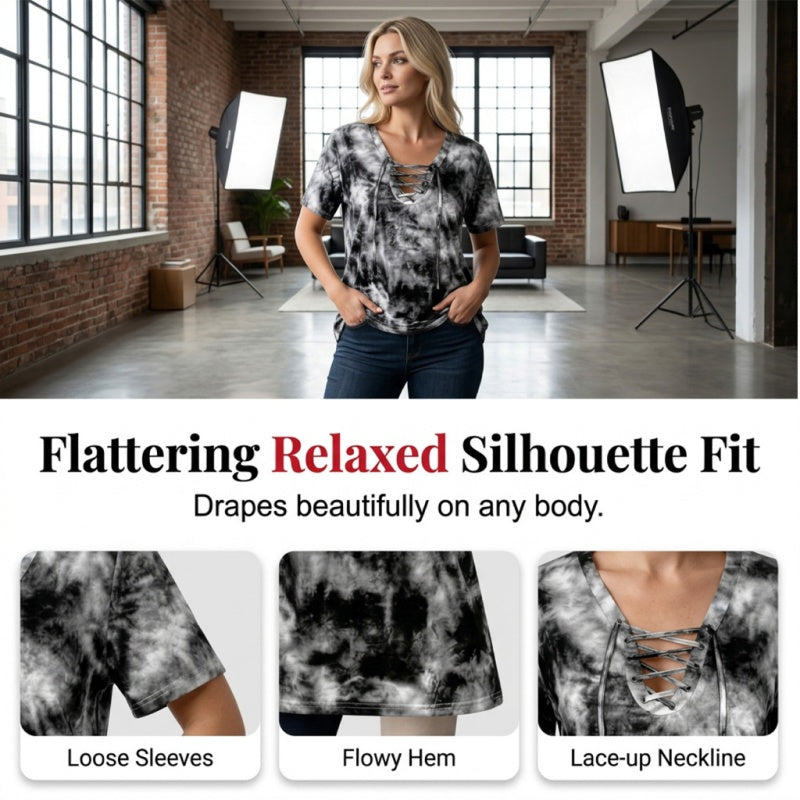 👕 BEFRISTET 50% RABATT! ✨ Tie-Dye-T-Shirt für Damen – V-Ausschnitt, Schnürung, 4 Farben 🌼