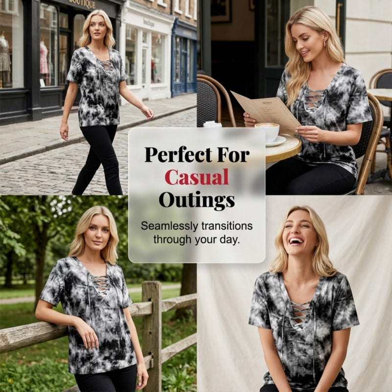 👕 BEFRISTET 50% RABATT! ✨ Tie-Dye-T-Shirt für Damen – V-Ausschnitt, Schnürung, 4 Farben 🌼