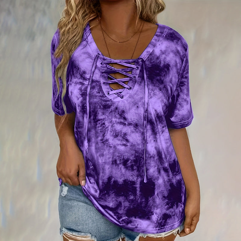 👕 BEFRISTET 50% RABATT! ✨ Tie-Dye-T-Shirt für Damen – V-Ausschnitt, Schnürung, 4 Farben 🌼
