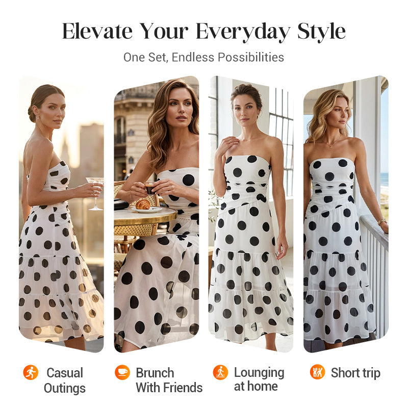 👗🔥 50% RABATT ✨ Elegantes trägerloses Tupfen-Stufenkleid – fließend, feminin & perfekt für den Sommer ☀️💫