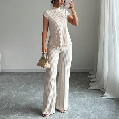 👗 JETZT 50 % RABATT! 🌸 Elegantes 2-teiliges Set aus Oberteil mit Stehkragen und Hose mit weitem Bein – gerippte Struktur, fließende Silhouette und vielseitiger Stil ✨