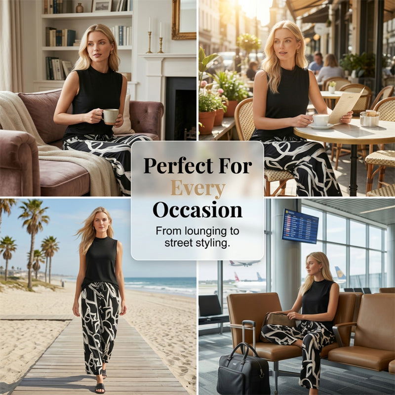 👚 50% RABATT! ✨ Damen Set – Ärmelloses Top & Gemusterte Extrawette Hose – Luftig, Elegant & Perfekt Für Sommer, Büro & Urlaub 🌸