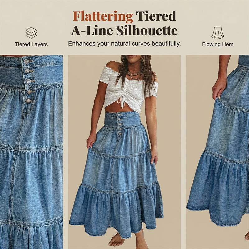 💙 50% RABATT+Versandkostenfrei! 👗 Damen Hochbund Stufenrock A-Linie Denim Maxirock – Figurumschmeichelnd, müheloser Chic & perfekt für jeden Tag 🌿