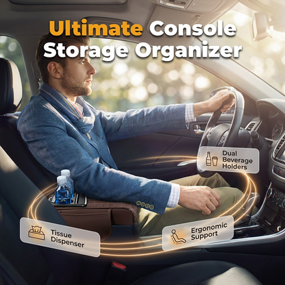 🚗🔥5-in-1 Mittelarmlehnenpolster fürs Auto – erhöht, mit Taschentuchbox, Getränkehalter & Organizer