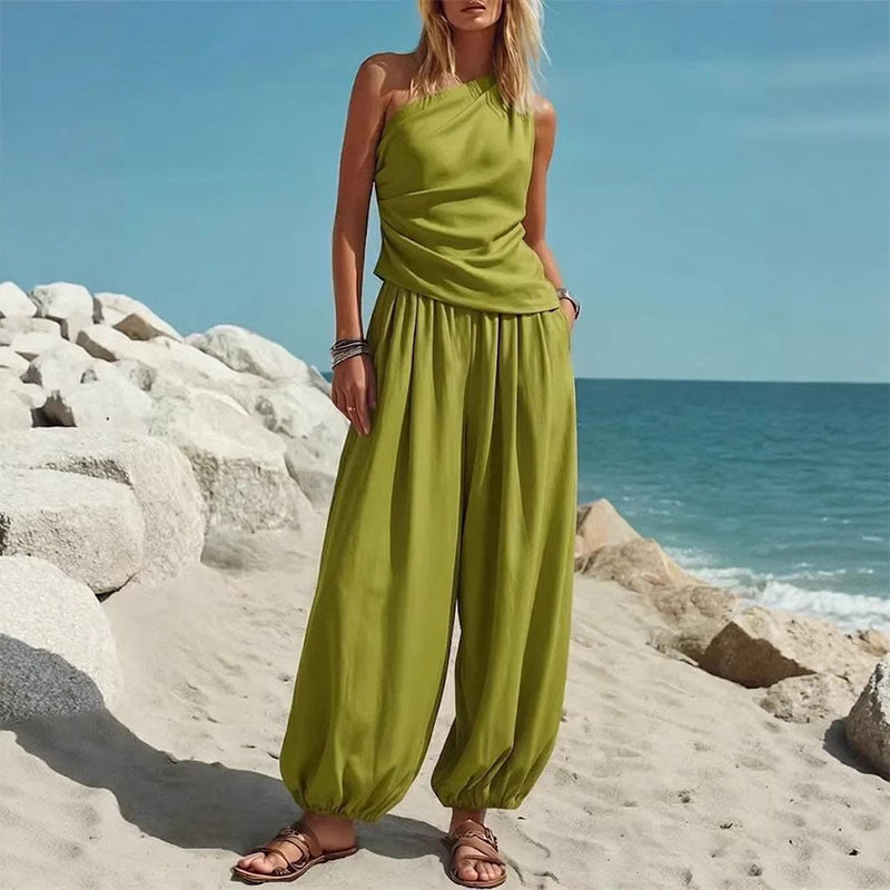 💃50% RABATT Elegantes Damen-Set Ein-Schulter-Top & Weite Hose🌸