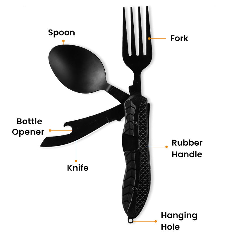 🍴 50% RABATT! 🎁 4-in-1 faltbares multifunktionales Outdoor-Besteck – Löffel, Gabel, Messer & Flaschenöffner – kompakt, leicht & ideal für Camping, Wandern oder Notfalltasche 🏕️