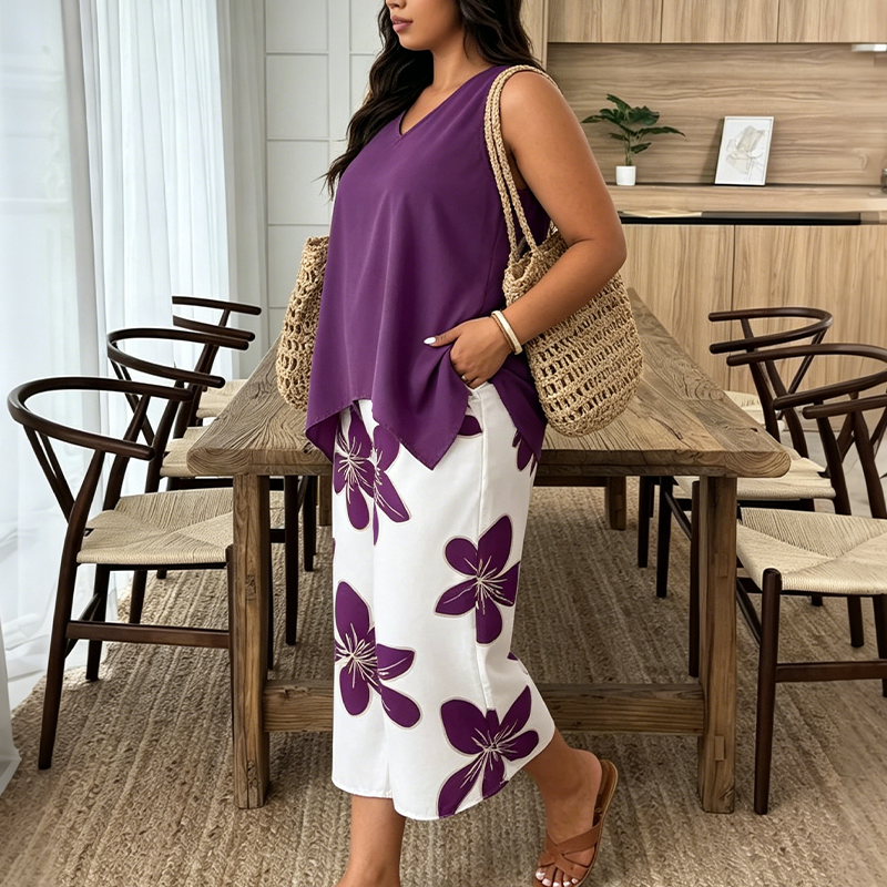 👚🌸 NUR FÜR KURZE ZEIT: 50% RABATT! Set aus asymmetrischem Damenoberteil & Caprihose mit Blumenmuster – Vielseitig, farbenfroh, bequem 🌺