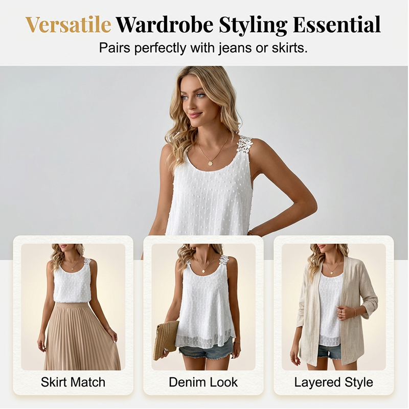 👕✨ 50% RABATT – NUR FÜR KURZE ZEIT! Elegantes Tanktop mit Spitzen-Trägern und Punktmuster – Lässig, feminin & perfekt für Sommer & Alltag ✨