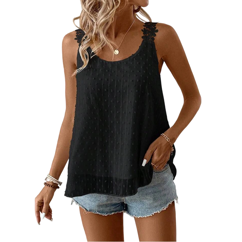 👕✨ 50% RABATT – NUR FÜR KURZE ZEIT! Elegantes Tanktop mit Spitzen-Trägern und Punktmuster – Lässig, feminin & perfekt für Sommer & Alltag ✨