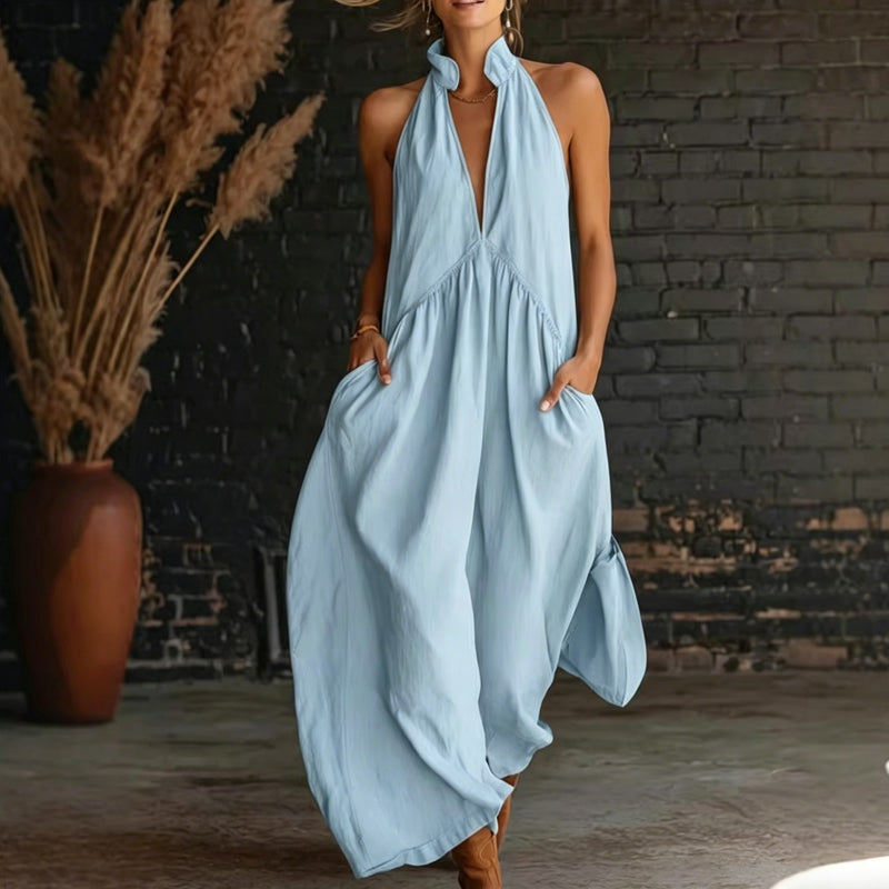 Sommerliches Maxikleid für Damen mit Neckholder und V-Ausschnitt