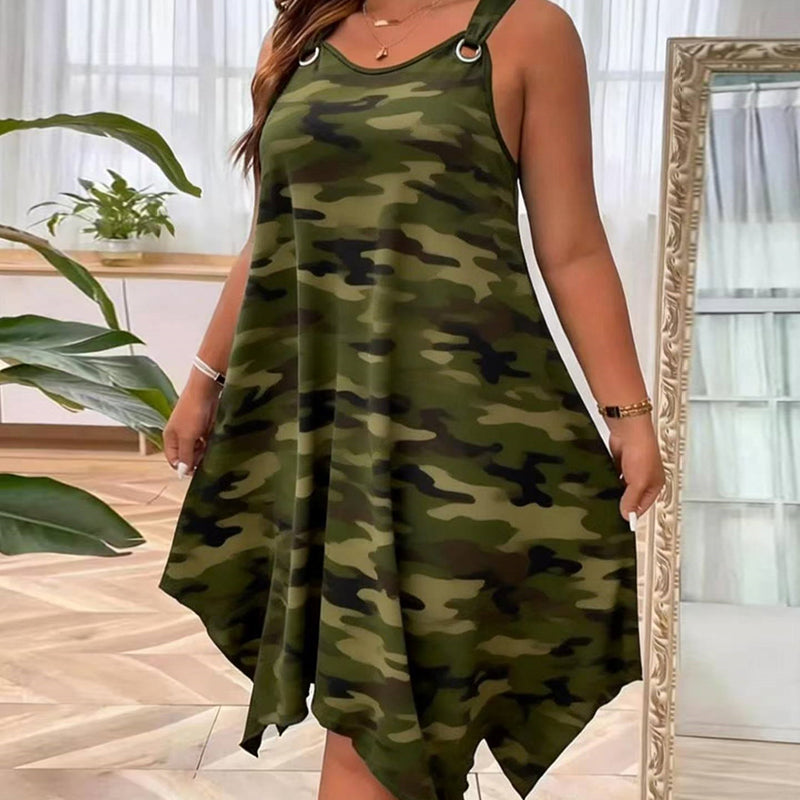 👗50% RABATT! 🌿 Damen ärmelloses Kleid mit asymmetrischem Saum im Camouflage-Look – Locker, frech & perfekt für einen lässigen Streetwear-Look ✨