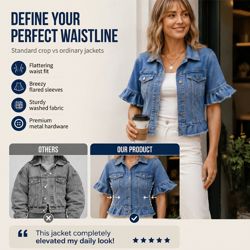 🧥⏳ BEFRISTETES ANGEBOT – 50% RABATT! Damen-Sommer-Jeansjacke mit Rüschenärmeln – Lässig, verspielt & perfekt für laue Sommerabende 🌸✨