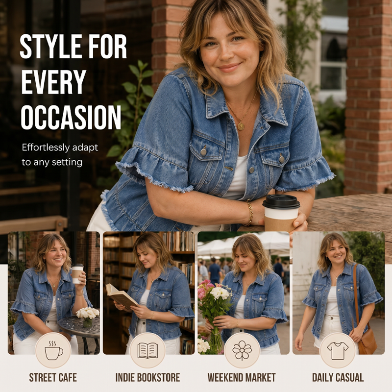 🧥⏳ BEFRISTETES ANGEBOT – 50% RABATT! Damen-Sommer-Jeansjacke mit Rüschenärmeln – Lässig, verspielt & perfekt für laue Sommerabende 🌸✨
