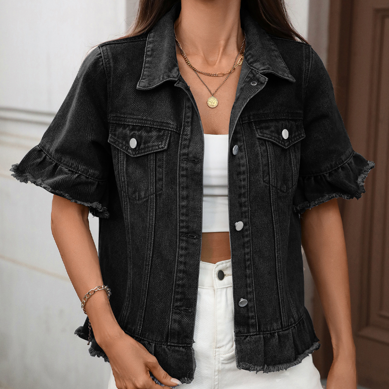 🧥⏳ BEFRISTETES ANGEBOT – 50% RABATT! Damen-Sommer-Jeansjacke mit Rüschenärmeln – Lässig, verspielt & perfekt für laue Sommerabende 🌸✨
