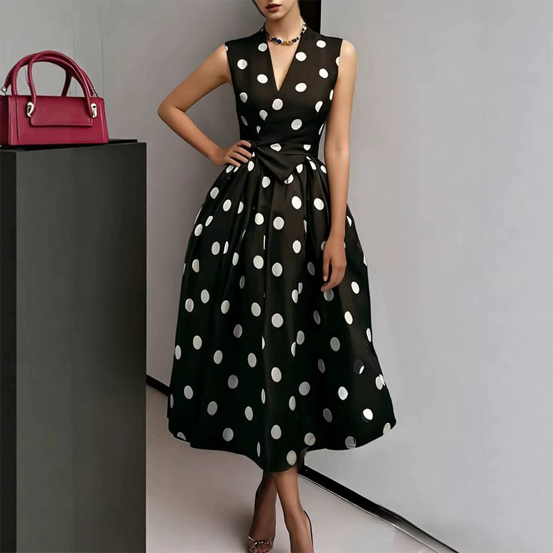 👗 50% RABATT! 🌸 Damen-Kleid mit Polka-Dot-Muster, V-Ausschnitt & ärmellos – Luftig, elegant & vielseitig – Perfekt für Alltag, Büro oder besondere Anlässe – zeitloser Look mit Frische ✨