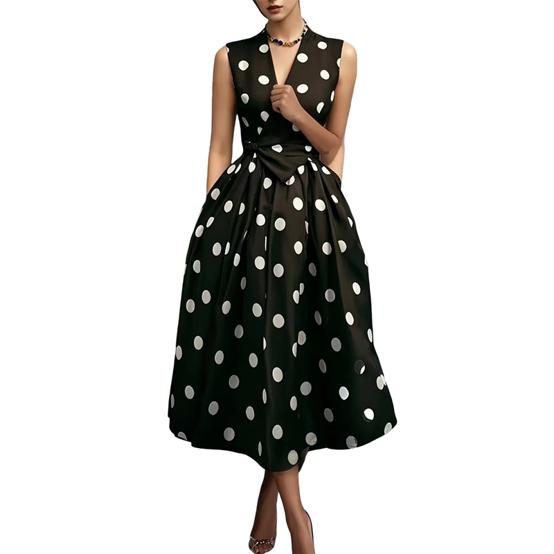 👗 50% RABATT! 🌸 Damen-Kleid mit Polka-Dot-Muster, V-Ausschnitt & ärmellos – Luftig, elegant & vielseitig – Perfekt für Alltag, Büro oder besondere Anlässe – zeitloser Look mit Frische ✨