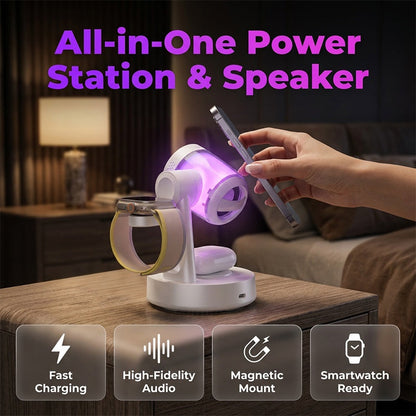 🔊 Multifunktionale Magnetische Kabellose Ladestation mit RGB-Licht & 25W Sound – für iPhone, Samsung & Smartwatches 🎵💡