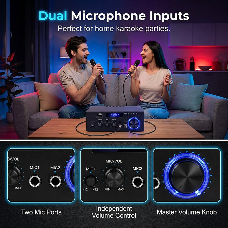 🔊 Digitaler Stereo-Verstärker mit Bluetooth & USB – 2-Kanal, kompakt & leistungsstark, ideal für Heimkino, Musik & Karaoke 🎵