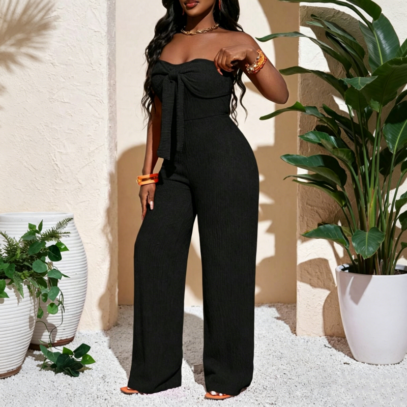 Damen-Jumpsuit, trägerlos, hochgeschnitten, weites Bein