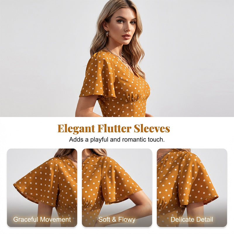 👗 ZEITLICH BEGRENZTER 50% RABATT! ✨ Damen V-Ausschnitt Gepunktetes Maxikleid – Flatterärmel, Figurbetonend, Atmungsaktiv 🎀