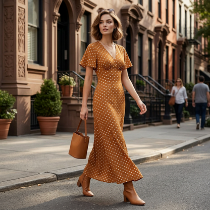👗 ZEITLICH BEGRENZTER 50% RABATT! ✨ Damen V-Ausschnitt Gepunktetes Maxikleid – Flatterärmel, Figurbetonend, Atmungsaktiv 🎀