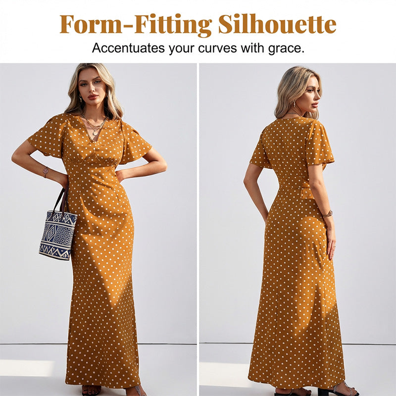 👗 ZEITLICH BEGRENZTER 50% RABATT! ✨ Damen V-Ausschnitt Gepunktetes Maxikleid – Flatterärmel, Figurbetonend, Atmungsaktiv 🎀