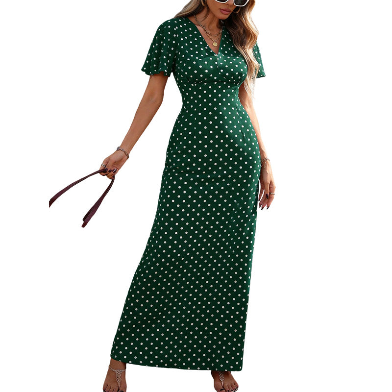 👗 ZEITLICH BEGRENZTER 50% RABATT! ✨ Damen V-Ausschnitt Gepunktetes Maxikleid – Flatterärmel, Figurbetonend, Atmungsaktiv 🎀