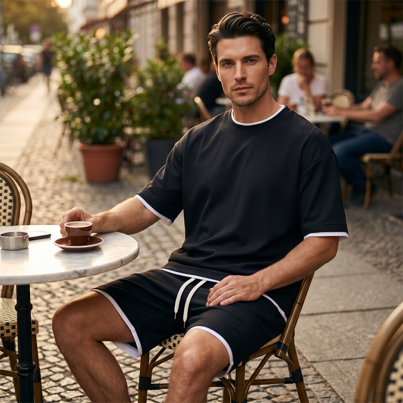 🎉 ZEITLICH BEGRENZT 50% RABATT! 👕 Herren Waffelstrick T-Shirt & Shorts Set – Kühlstoff & Entspanntes Schnittdesign 💙