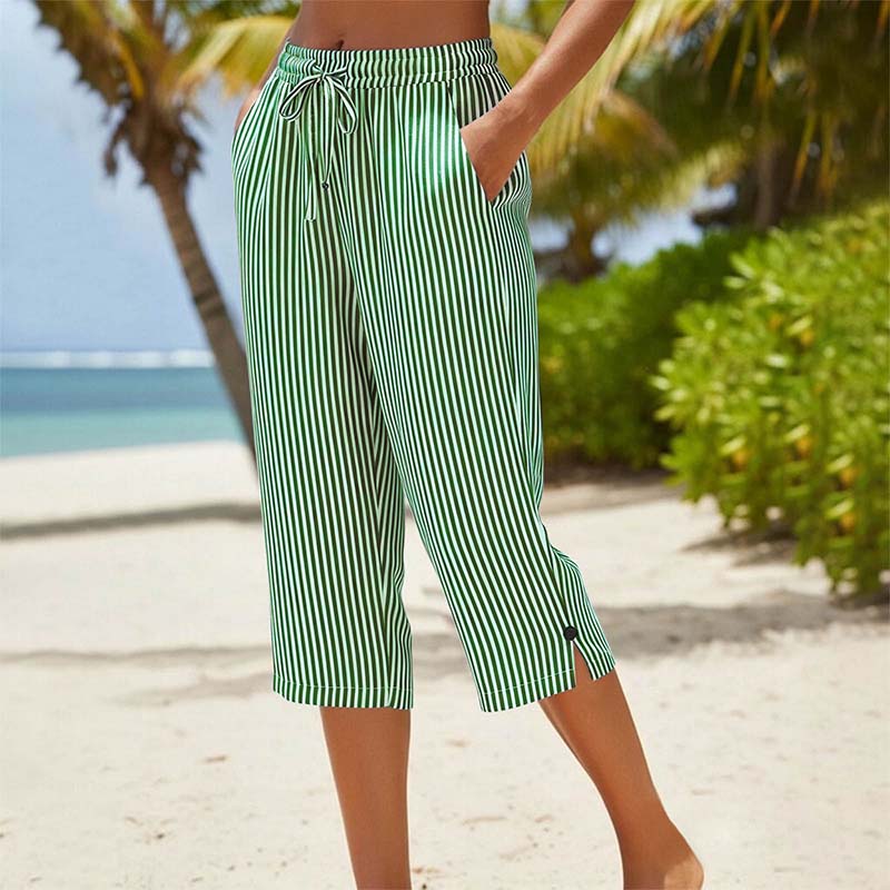 ⏰ Countdown läuft – 50% nur noch 3 Tage! Gestreifte Caprihose aus Baumwoll-Leinen-Mischgewebe für Damen mit Taschen