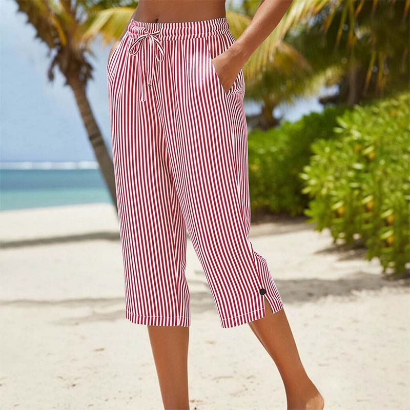 ⏰ Countdown läuft – 50% nur noch 3 Tage! Gestreifte Caprihose aus Baumwoll-Leinen-Mischgewebe für Damen mit Taschen