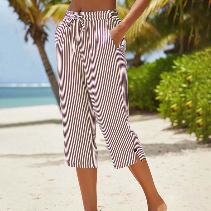 ⏰ Countdown läuft – 50% nur noch 3 Tage! Gestreifte Caprihose aus Baumwoll-Leinen-Mischgewebe für Damen mit Taschen