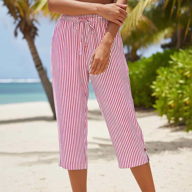 ⏰ Countdown läuft – 50% nur noch 3 Tage! Gestreifte Caprihose aus Baumwoll-Leinen-Mischgewebe für Damen mit Taschen