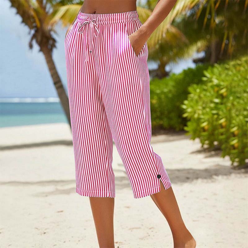⏰ Countdown läuft – 50% nur noch 3 Tage! Gestreifte Caprihose aus Baumwoll-Leinen-Mischgewebe für Damen mit Taschen