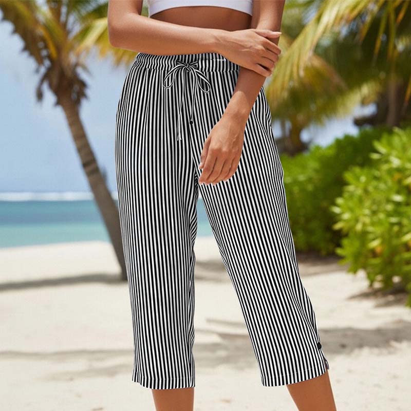 ⏰ Countdown läuft – 50% nur noch 3 Tage! Gestreifte Caprihose aus Baumwoll-Leinen-Mischgewebe für Damen mit Taschen