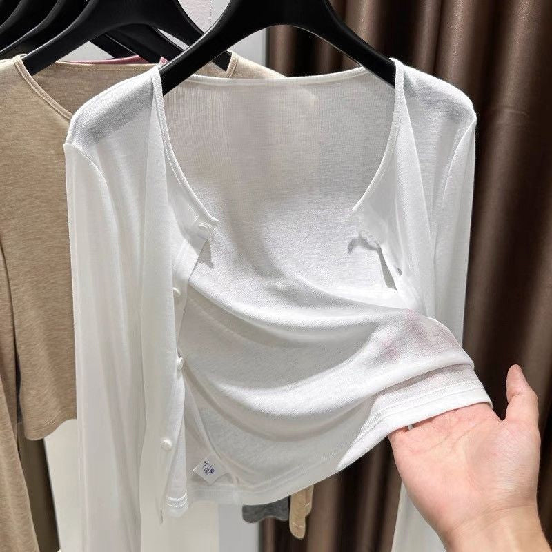 ✨☀️Damen Dünner Kurzer Cardigan Knöpfverschluss Sommer-Schal für Trägerkleid
