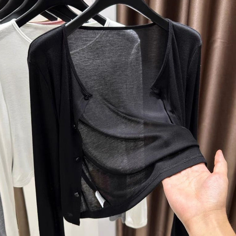 ✨☀️Damen Dünner Kurzer Cardigan Knöpfverschluss Sommer-Schal für Trägerkleid