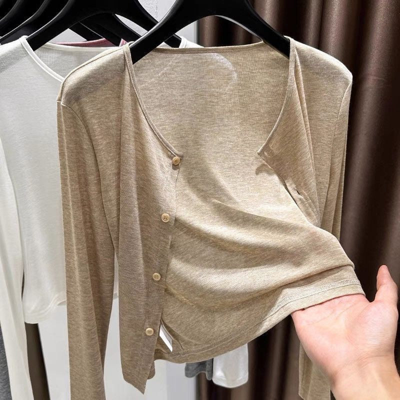 ✨☀️Damen Dünner Kurzer Cardigan Knöpfverschluss Sommer-Schal für Trägerkleid