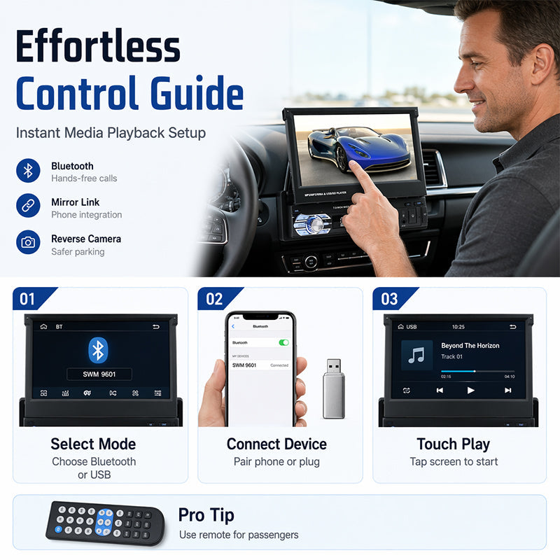 🛍️ 50 % Rabatt – 7-Zoll-Car-MP5-Player mit elektrisch ausfahrbarem Bildschirm – Bluetooth-Freisprecheinrichtung, Rückfahrkamera-Priorität & FM-Radio 📻