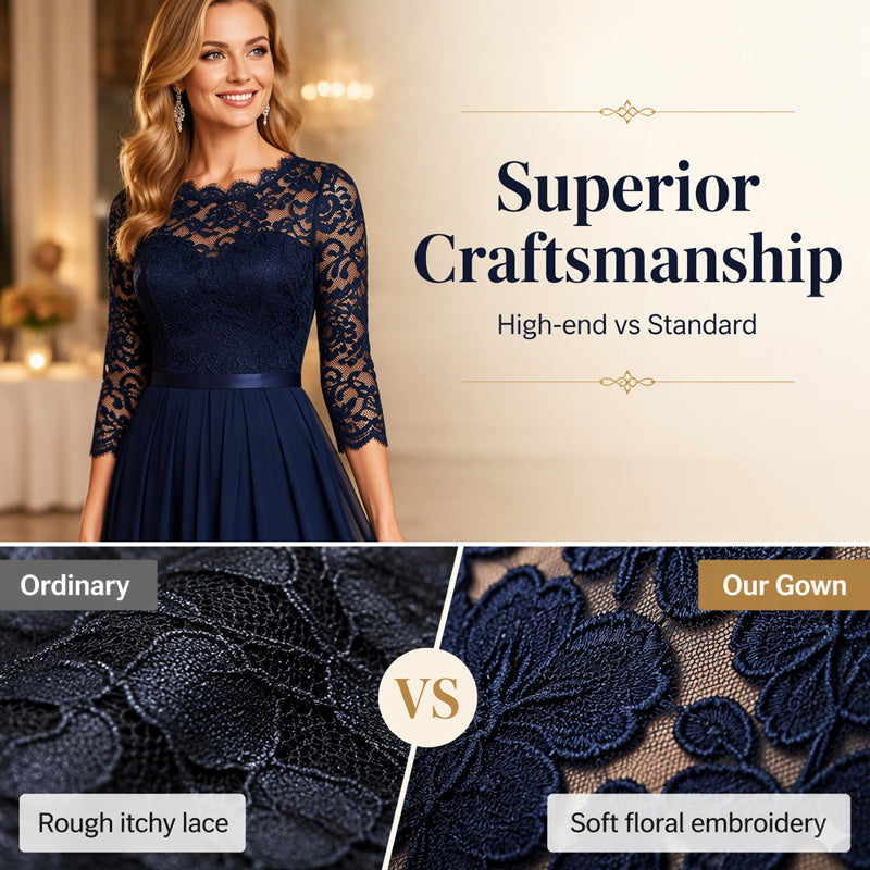 ✨ Spitzenkleid mit Satin-Gürtel und langem Rock – feminin