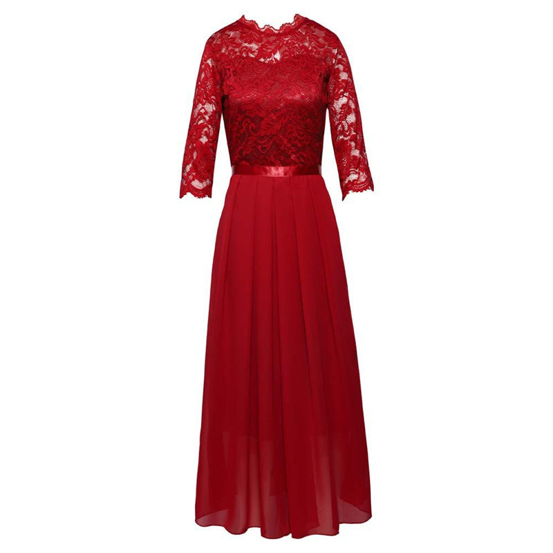 ✨ Spitzenkleid mit Satin-Gürtel und langem Rock – feminin
