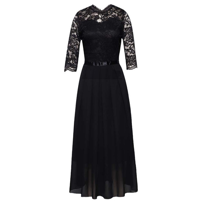 ✨ Spitzenkleid mit Satin-Gürtel und langem Rock – feminin