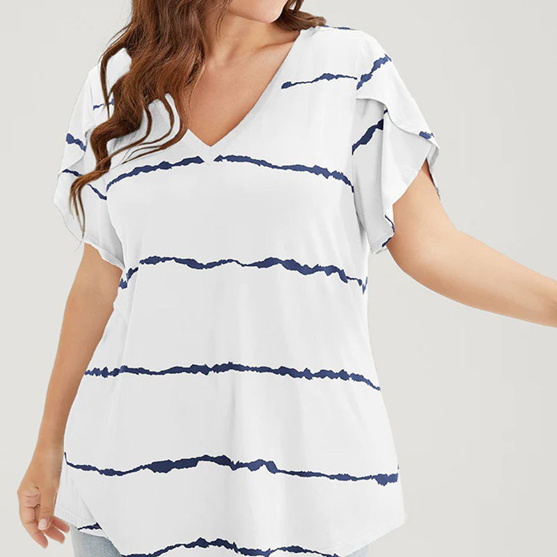 🏖️Sommer-Sonderangebot: 50 % Rabatt🏝️👚Gestreiftes Kurzarm-T-Shirt mit V-Ausschnitt in Übergröße✨