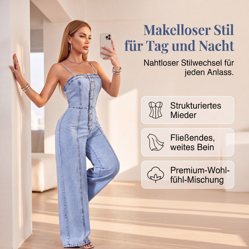 👖 50% RABATT! ✨ Damen‑Jeansoverall mit Spaghettiträgern und weitem Bein – Lässiger Sommerlook