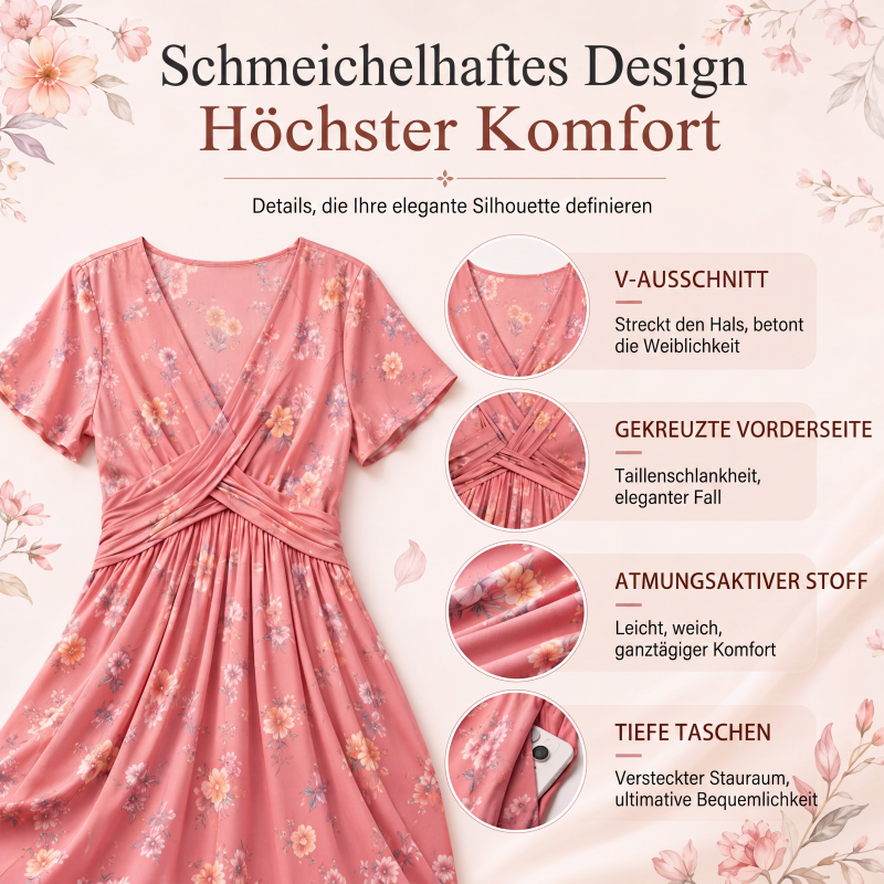 🌸🔥50% RABATT!🔥🔥Blumiges V-Ausschnitt-Kleid mit Taillendrehung – elegant und lässig für jeden Anlass