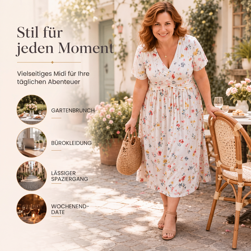 🌸🔥50% RABATT!🔥🔥Blumiges V-Ausschnitt-Kleid mit Taillendrehung – elegant und lässig für jeden Anlass