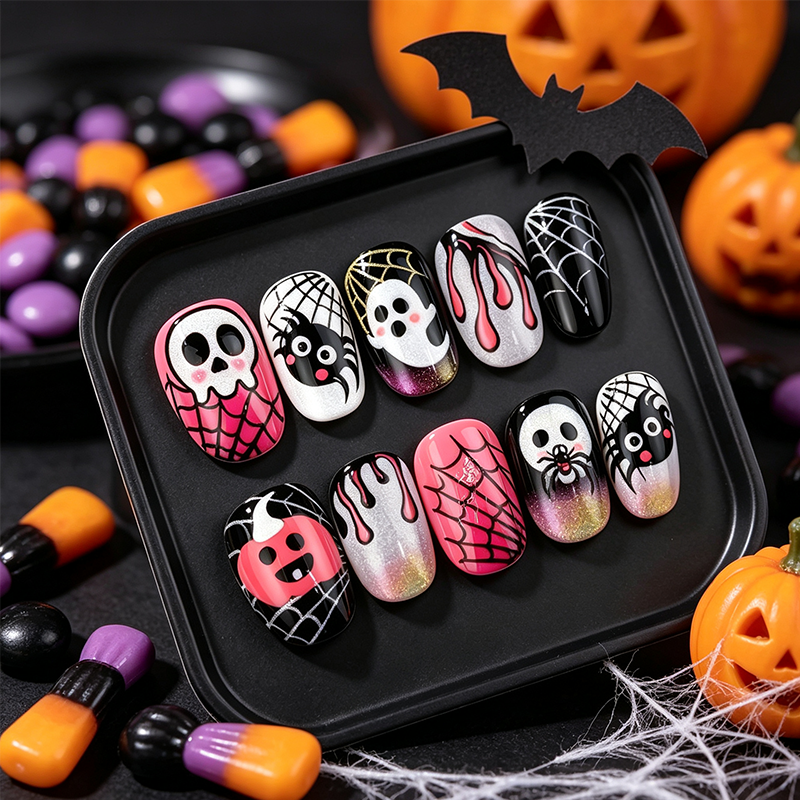 ✨ JETZT 50 % RABATT! !✨Halloween Aufklebe-Nagelset🎃, einfache Anwendung, viele gruselige Muster, perfekt für Halloween-Feste👻